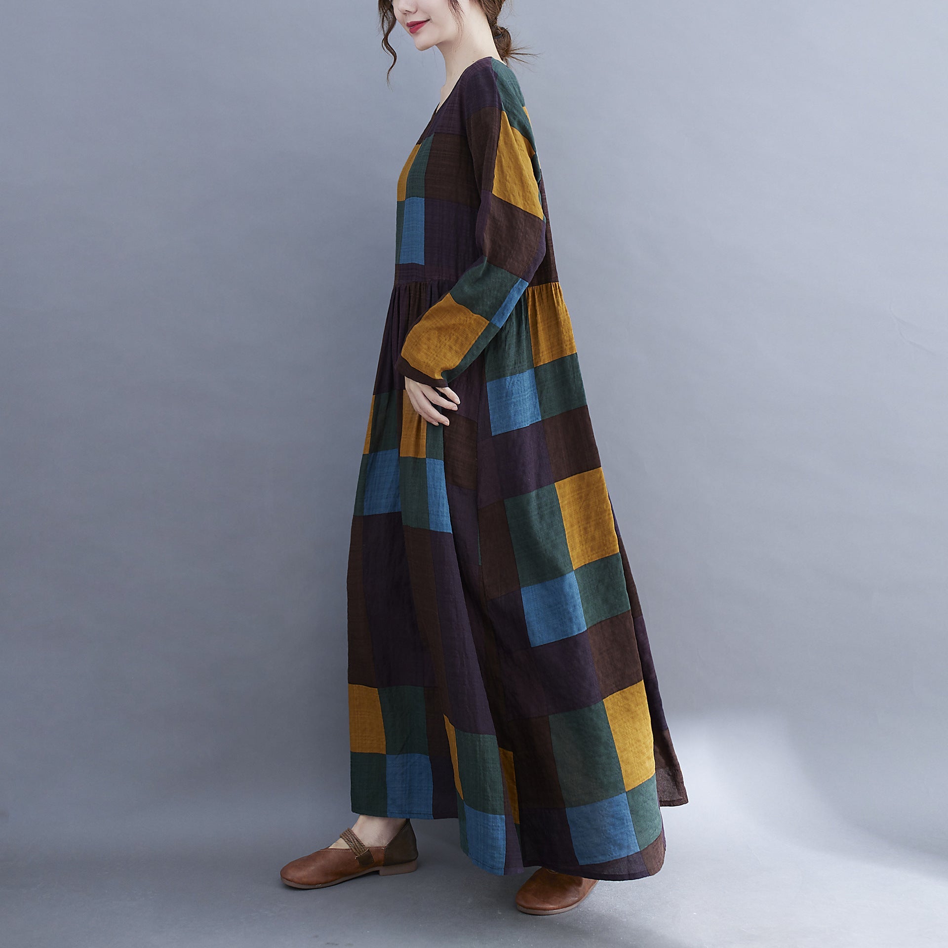 Literary Plus Size Plus Fertilizer Plus Printing Long-sleeved Dress