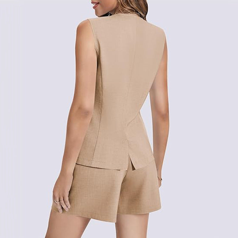 2-piece Sleeveless Round Neck Button High-waisted Trousers Business Work Suits