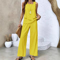 Women's Solid Color Square Neck Sleeveless Casual Top Paired With Straight Leg Pants Set