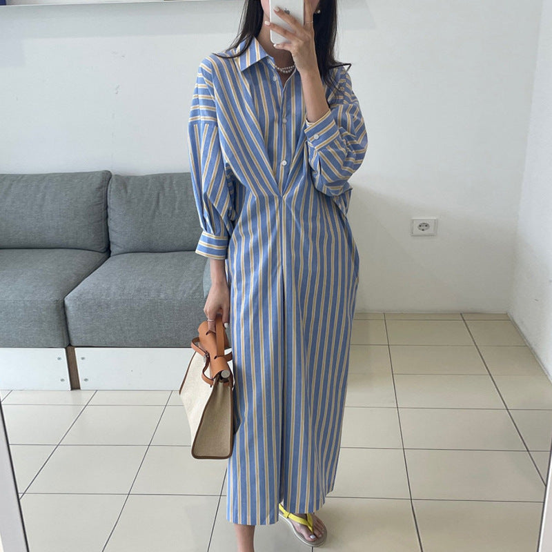 Contrast Color Striped Pleated Design Loose Casual Long Sleeves Shirt Dress
