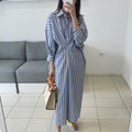 Contrast Color Striped Pleated Design Loose Casual Long Sleeves Shirt Dress
