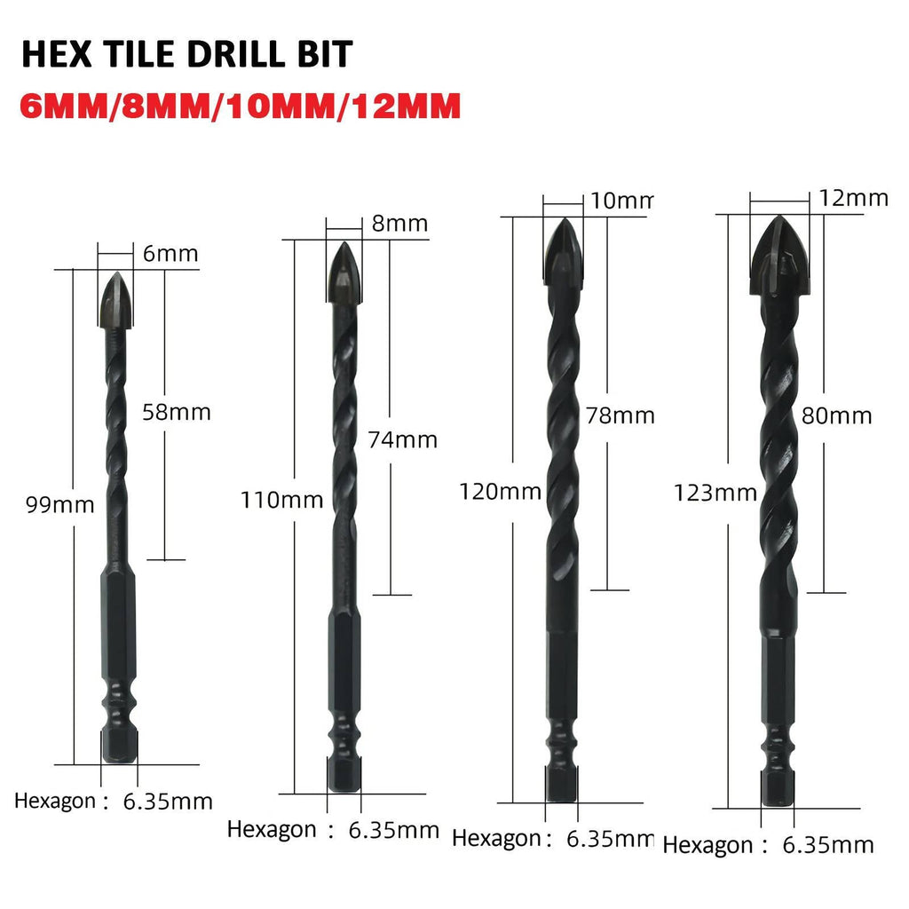 4PCS Drill Set Hex Tile Drill Bit Glass Ceramic Bric Hex Shank Cross Spear Head