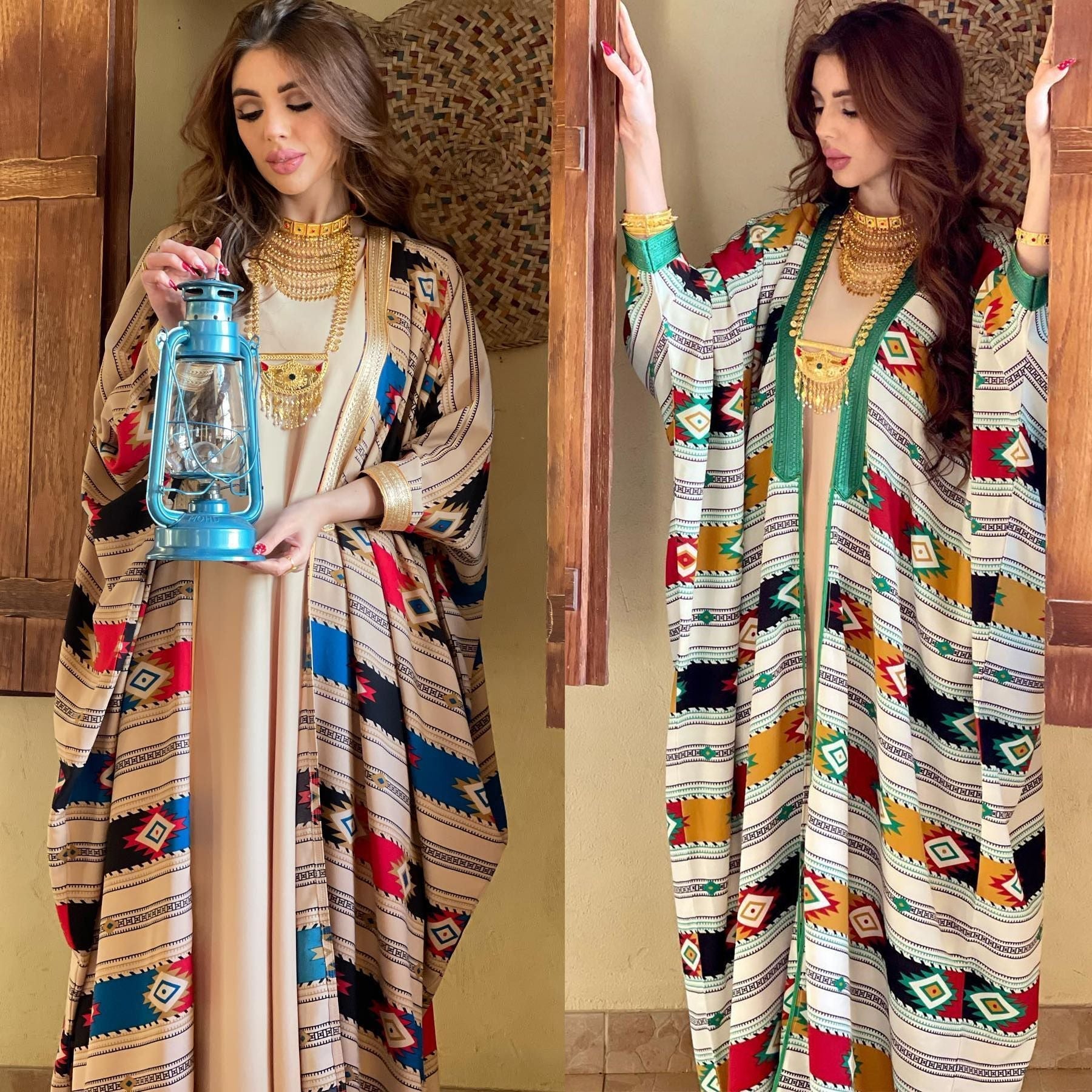 Fashion Women Wear Striped Batwing Sleeve Muslim Vest Jacket Two-piece Set