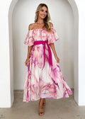 European American Summer New Temperament Shoulder Waist Puff Sleeve Printed Large Swing Dress