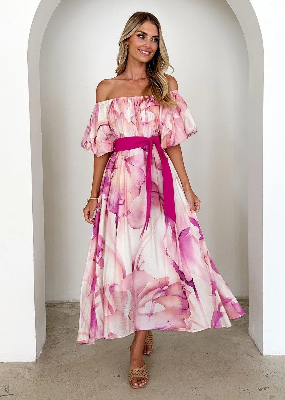 European American Summer New Temperament Shoulder Waist Puff Sleeve Printed Large Swing Dress