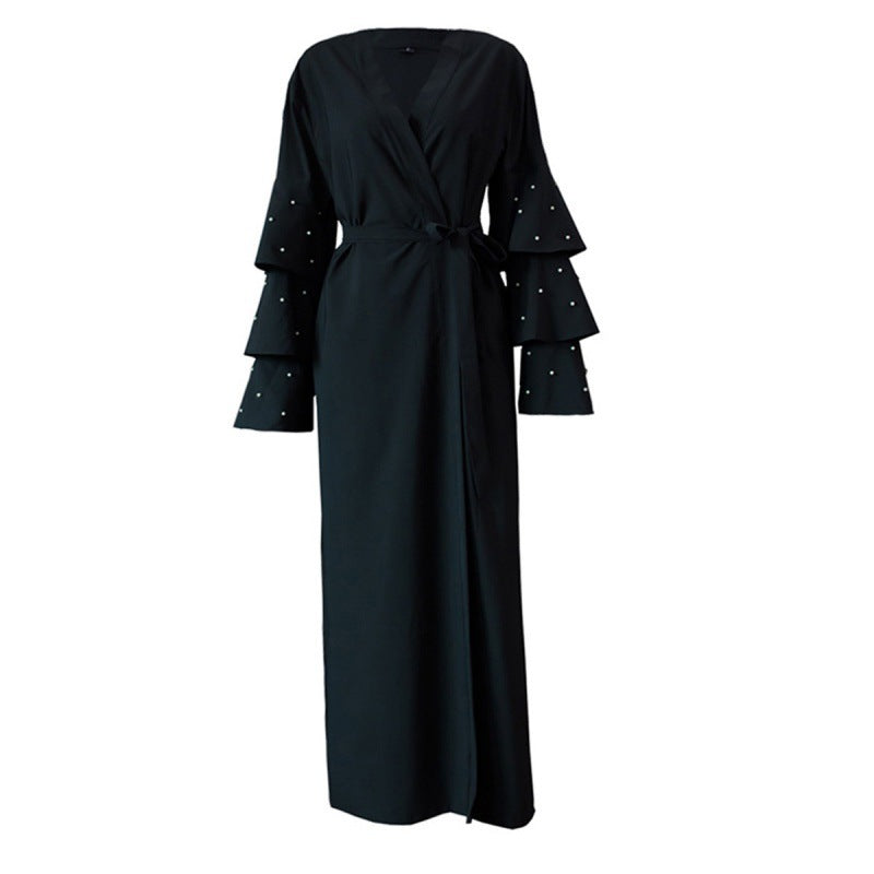 Muslim Fashion Bead Flare Sleeve Tie-neck Cardigan