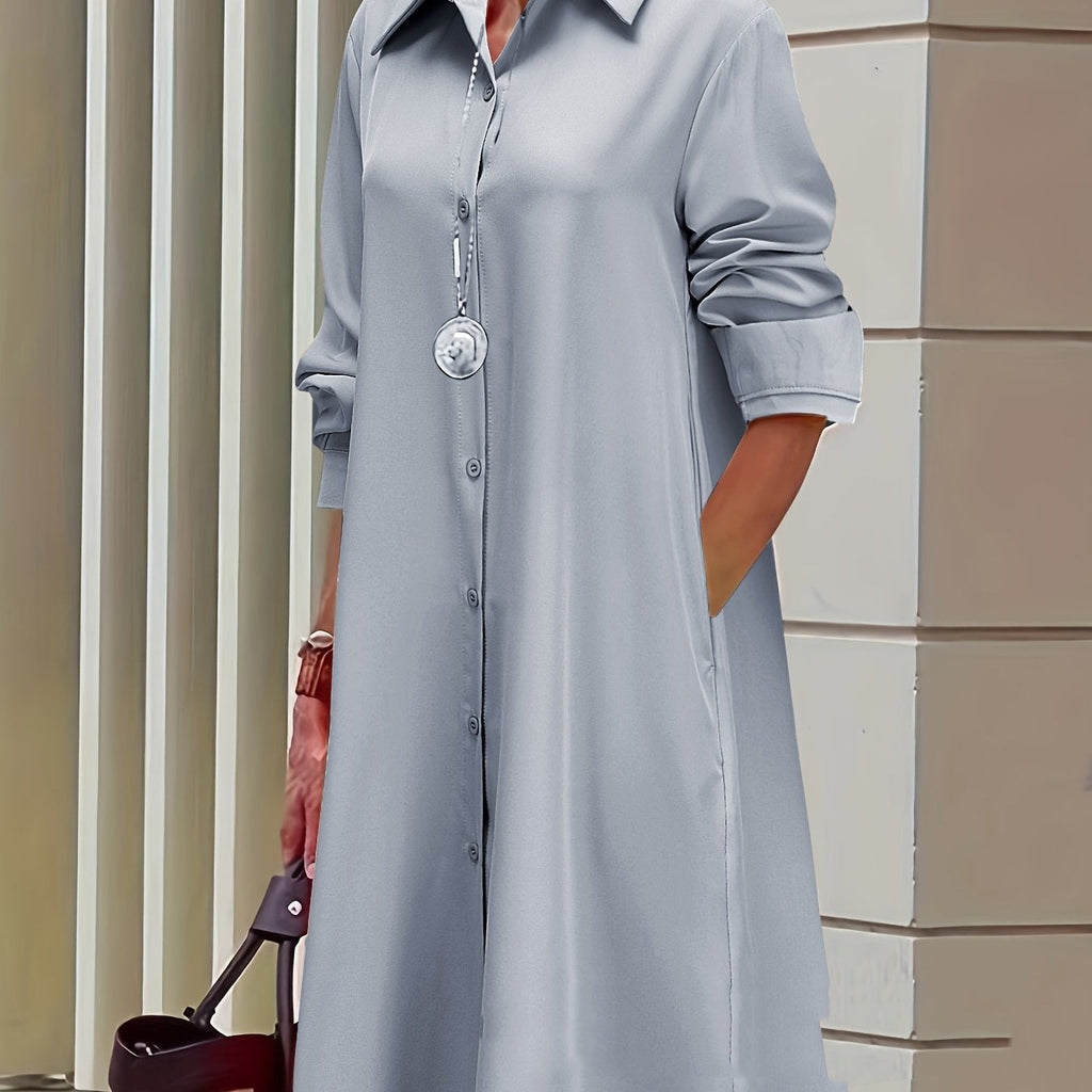 Temperament 3d Printed Shirt Collar Long Sleeve Mid-length Dress