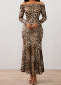 Ladies' Leopard Print One Neck Off Shoulder Slim Fit Bag With Wide Hips, Relaxed Flower Petal Skirt Hem, Date Party Party Dress