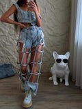 Trendy Light Blue Denim Strappy Crop Top And Ripped Shorts Set