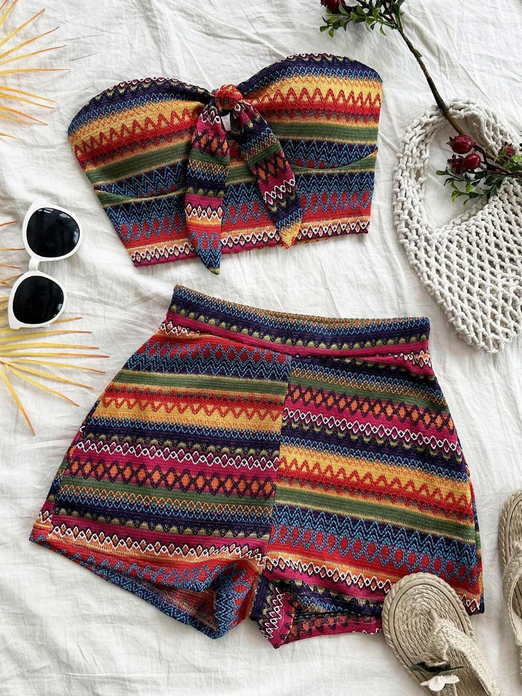 Women's Sexy 2pcs Set  Summer  Colorful Striped Elastic Suitable For Vacation And Daily Travel