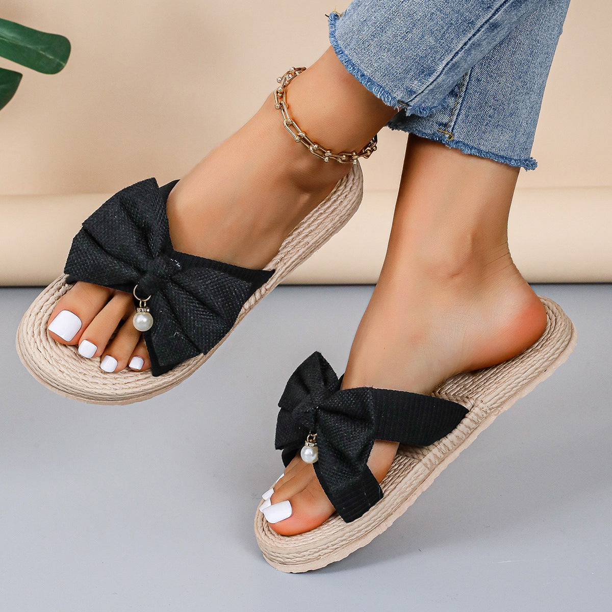 Women's Rope Bottom Solid Color Fashion Trendy Indoor Outdoor Bowknot Slippers