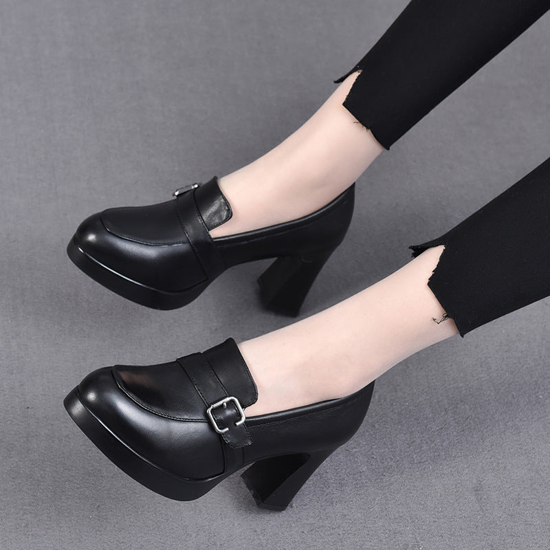 Women's French Chunky Heel Waterproof Platform Retro High Heel Leather Shoes