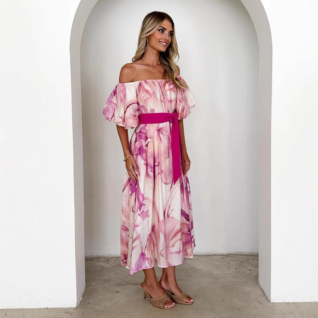 European American Summer New Temperament Shoulder Waist Puff Sleeve Printed Large Swing Dress