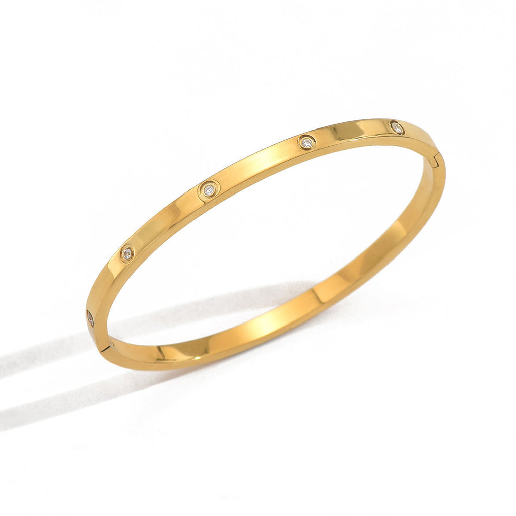 Lxalry 18K Gold Plated Stainless Steel Minimalist Bracelet Hypoallergenic Circle Rhinestone Jewelry  Secure Inlay Tarnish Free Design Skin Safe Luxury Gift For Her Golden Hour Glow, Everyday Wear A