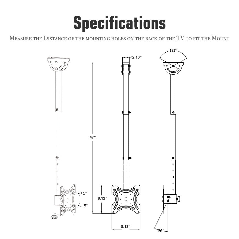 TV Ceiling Bracket, Length Adjustable 360 Degree Rotation, Up And Down 5-15 Degrees, Load Capacity 25kg